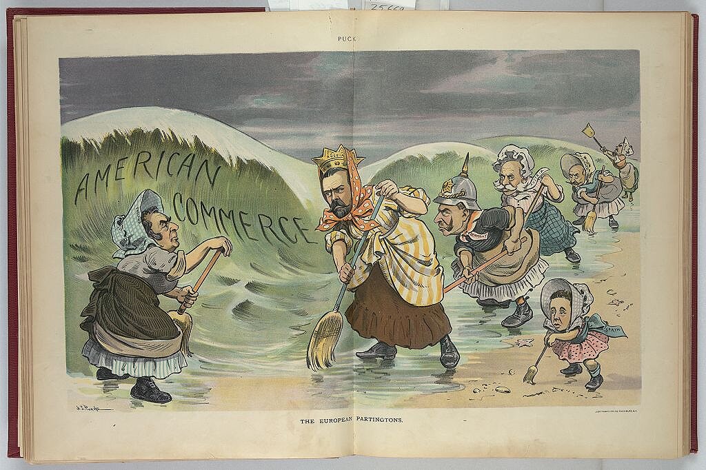 <p>Журнал Puck, 3 сентября 1902 года. Источник: библиотека Конгресса США.

<p>Европейские лидеры, включая Николая II, каждый с метлой, стоят на пляже и пытаются отогнать назад волну «американской торговли», которая разбивается об их берега.