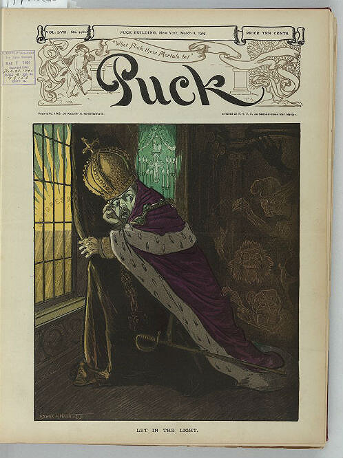 <p>Журнал Puck, 8 марта 1905 года. Источник: библиотека Конгресса США.

<p>Николай II в короне и мантии задергивает шторы, чтобы закрыться от солнца с надписью «Прогресс», при этом три призрака хватают его сзади.