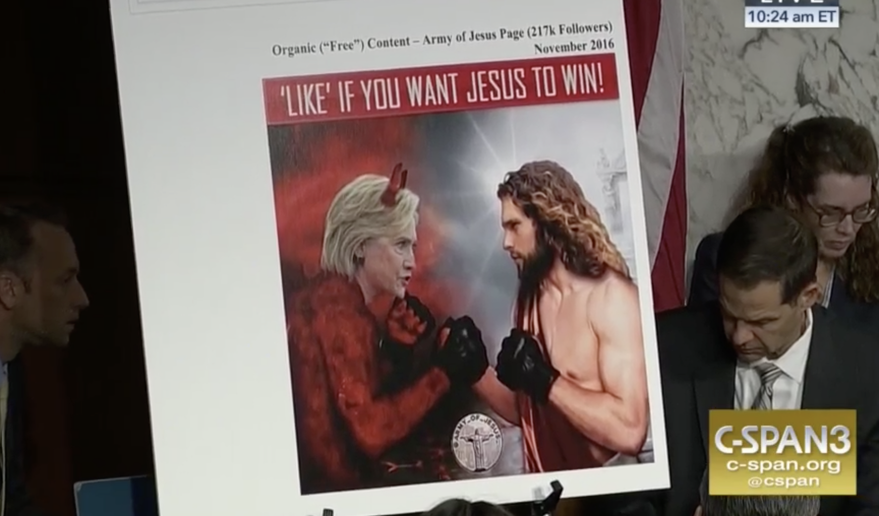 <p>Реклама в основном была направлена против кандидата от демократической партии Хиллари Клинтон.&nbsp;&laquo;Жми лайк, если хочешь, чтобы Иисус победил&raquo;, &mdash;&nbsp;написано на изображении.&nbsp;</p>