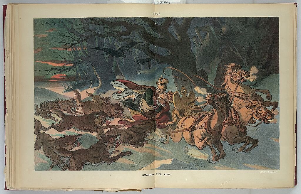 <p>Журнал Puck, 5 апреля 1905 года. Источник: библиотека Конгресса США.
<p>«Конец приближается» — Николай II прижимает к груди куклу с надписью «Самодержавие», тройка мчит его по лесу, а за ней гонится стая волков.