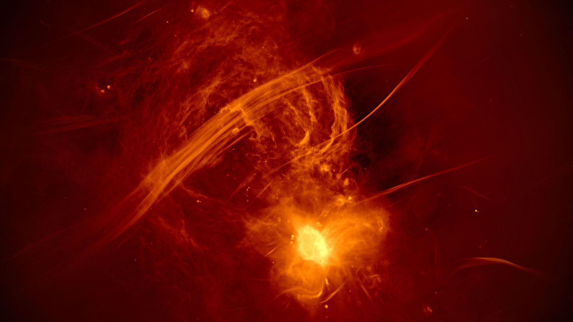 <p>Перистая сферическая структура сверху слева на снимке &mdash; выброс из центра Галактики, его пересекает радиофиламент. Снизу справа &mdash; область&nbsp;сверхмассивной&nbsp;черной&nbsp;дыры&nbsp;Стрелец А*.</p>