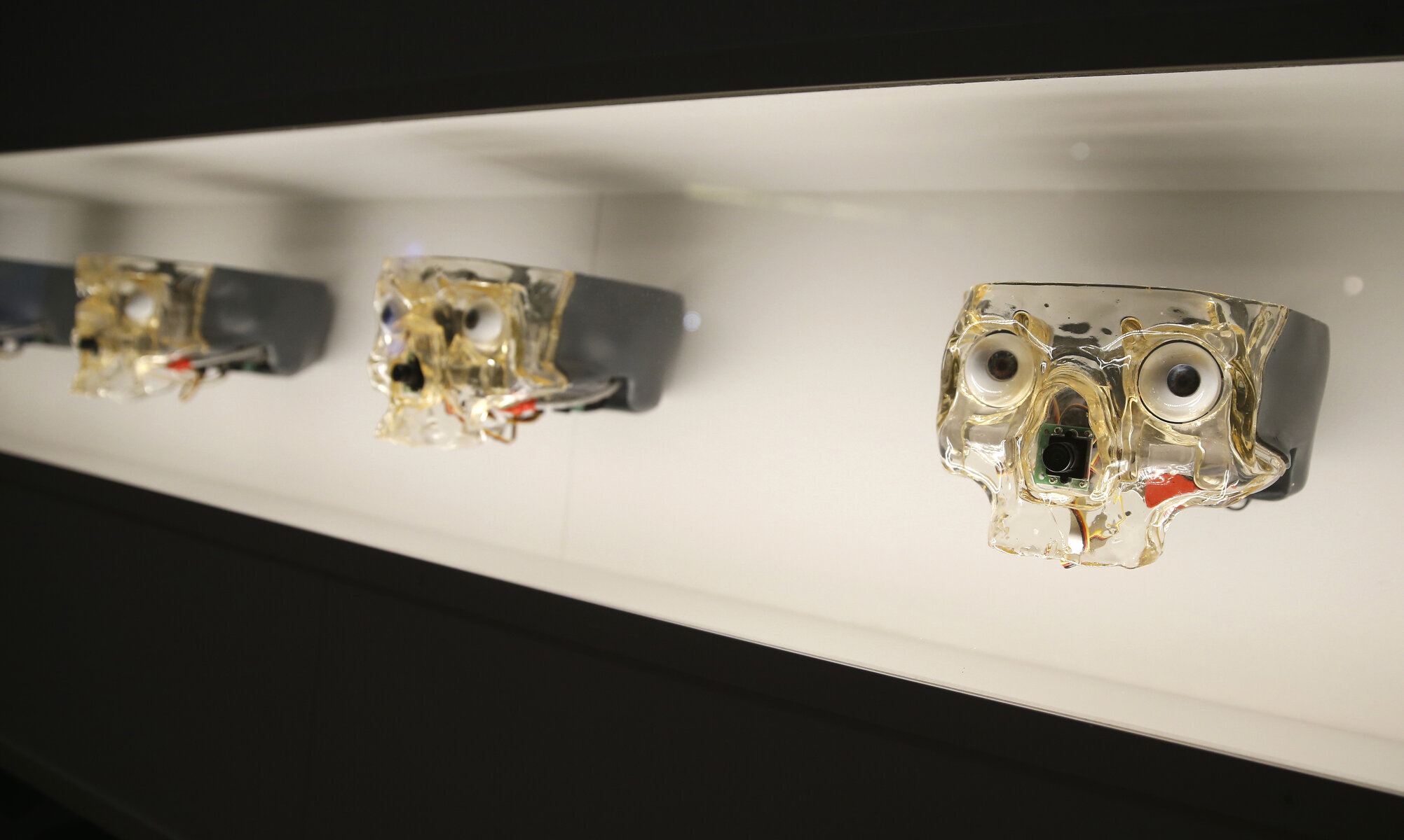 <p>Произведение канадского инженера Луи-Филиппа Демерса, показывающее искусственный череп с роботизированными глазами-камерами, которые следят за движениями посетителей выставки. На фото: лица роботов &laquo;Area V5&raquo;, созданных в 2009 году.</p>
