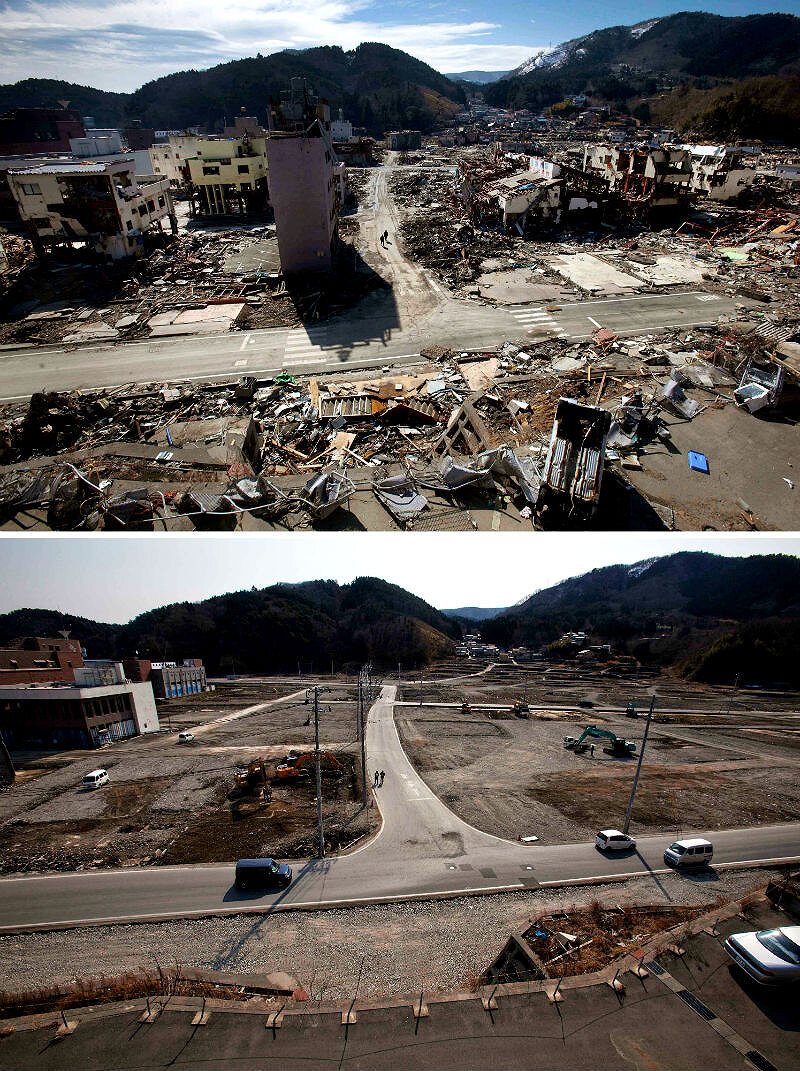 Последствия цунами в городе Онагава в марте 2011 и год спустя, Япония. Исчтоник: AP Photo/David Guttenfelder